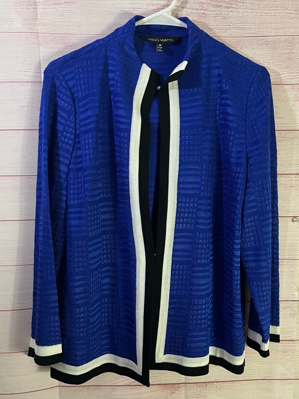 Ming Wang Royal Blue Trim Knit Stand Collar Bracelet Sleeve Jacket Size Medium